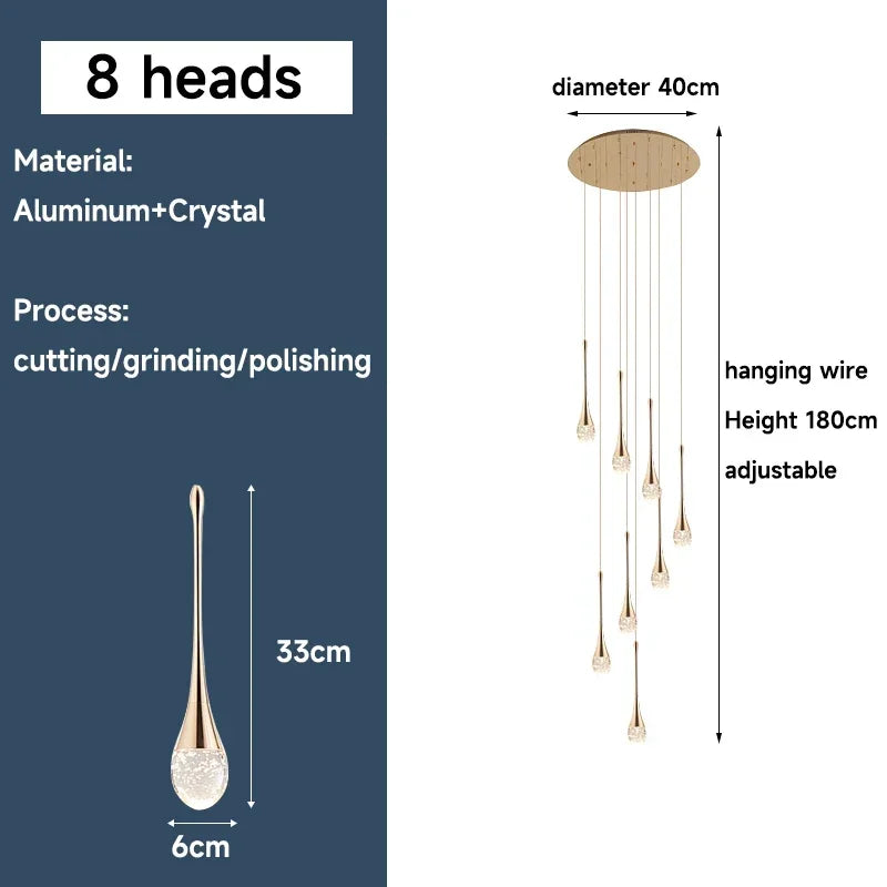 Afralia™ Gold Crystal Chandelier Pendant Light, Modern Minimalist Loft Staircase Fixture