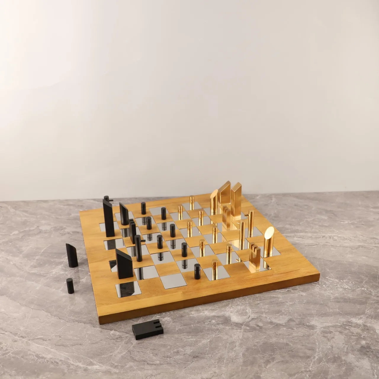 "Afralia™ Geometric Block Chess Set - Wooden Metal Chessboard Home Decor"