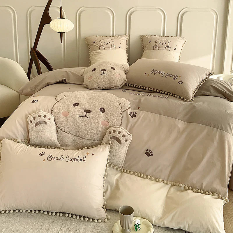 Afralia™ Cartoon Bear Applique 100% Cotton Child Bedding Set - Single Quilt Cover