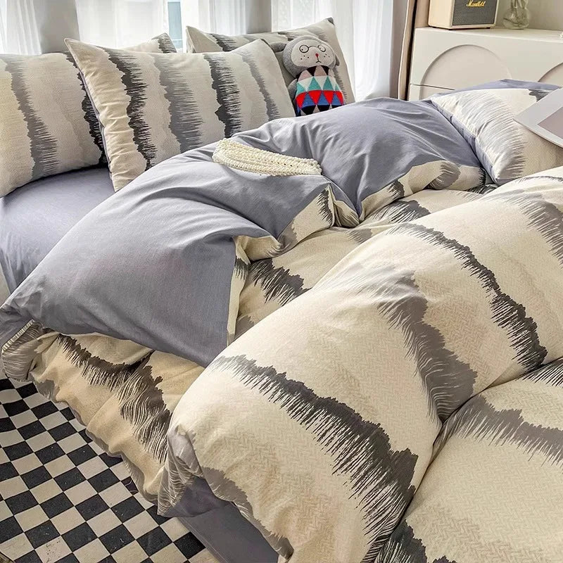 Afralia™ Pure Cotton Striped Bedding Set Duvet Cover Fitted Sheet Kit for Single/Double