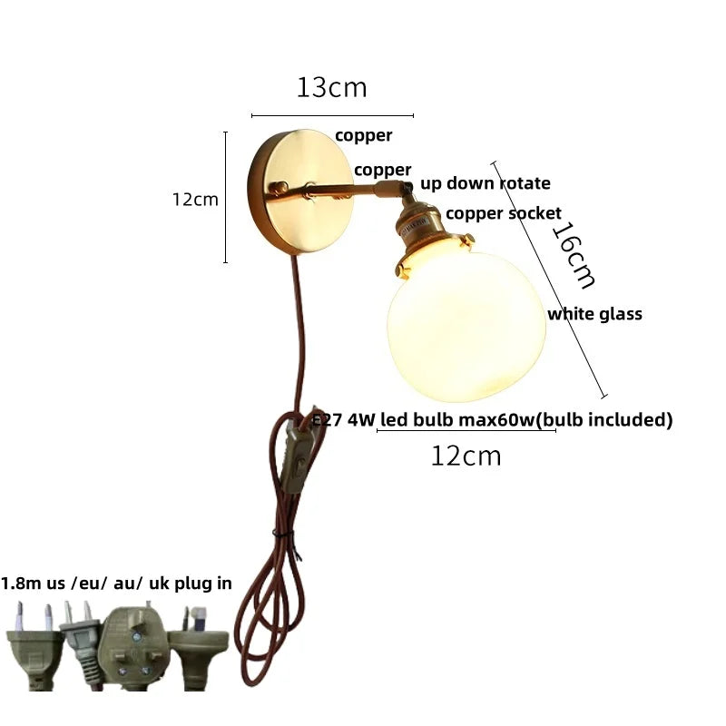 Afralia™ Glass Rotate Copper LED Wall Sconce - Modern Nordic Bedroom Study Lamp