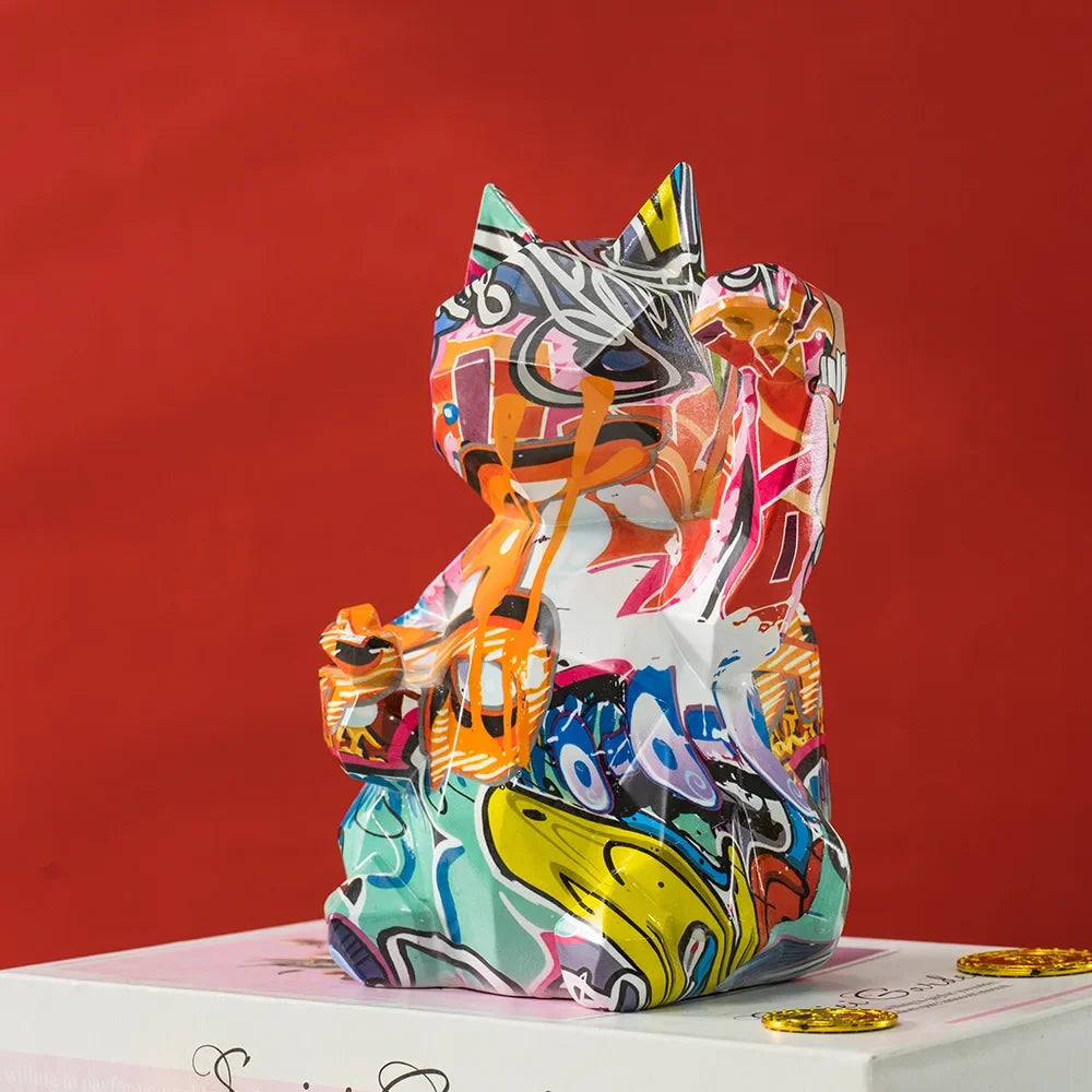 Nordic Geometric Lucky Cat Sculpture by Afralia™ - TV Home Decor Animal Statue