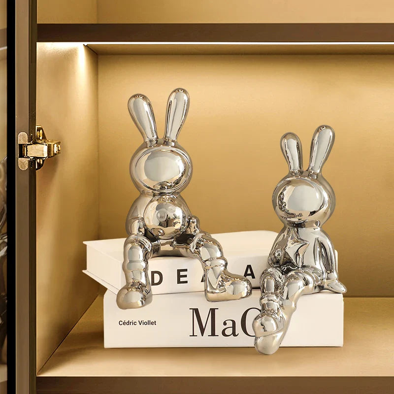 Afralia™ Electroplated Rabbit Sculpture Set, Home Office Decor, Living Room Animal Statue