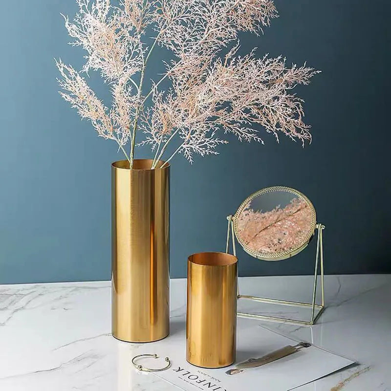 Afralia™ Gold Plated Cylinder Vase Desk Decor - Minimalist Modern Home Decor & Flower Arrangement