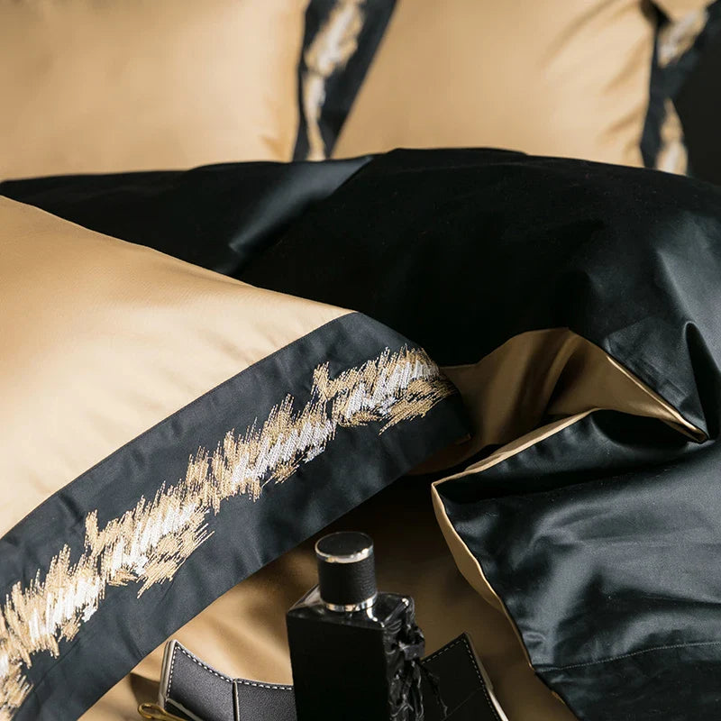 Afralia™ Luxury Jacquard Embroidery Bedding Set in Champagne Gold and Black