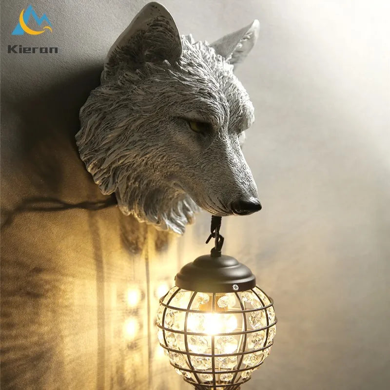 Afralia™ Nordic Wolf Head LED Wall Lamp Resin Crystal Wall Light