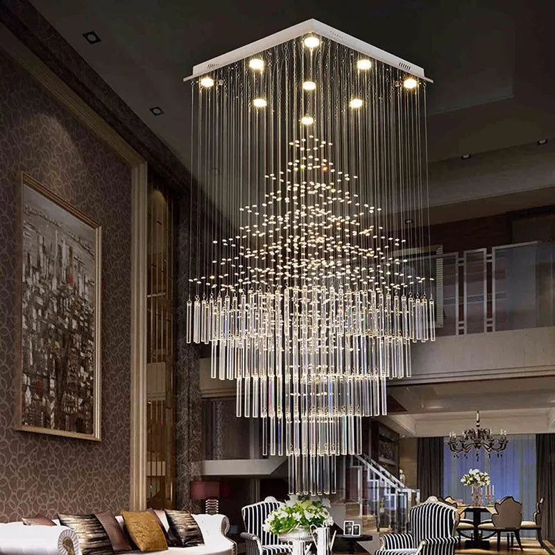 Afralia™ Crystal Columnar Chandelier: Modern Square Base Hanging Lamp for Living Room, Stair, Loft