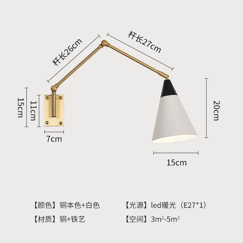 Afralia™ Gold Lustre Copper Swing Arm Wall Lamp LED E27 for Villa Bedroom Study