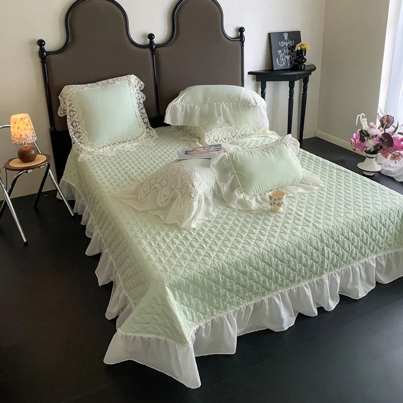 Afralia™ Pink Lace Ruffles Quilted Bedspread 250x260cm Bed Cover - Summer Quilt