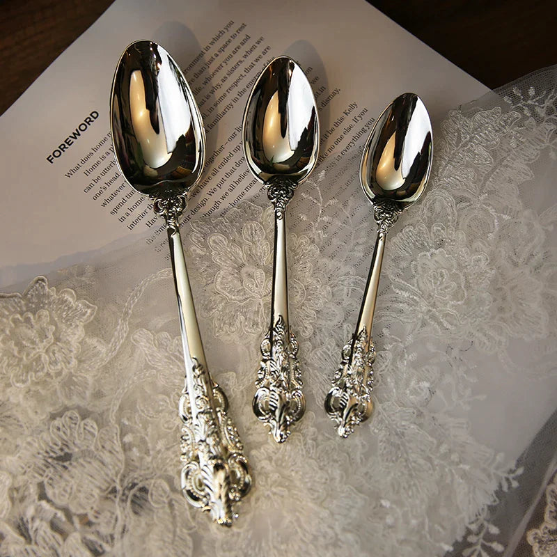 Afralia™ Baroque Silver Cutlery Set, Kitchen Flatware Knife Fork Spoon, 10 Pcs