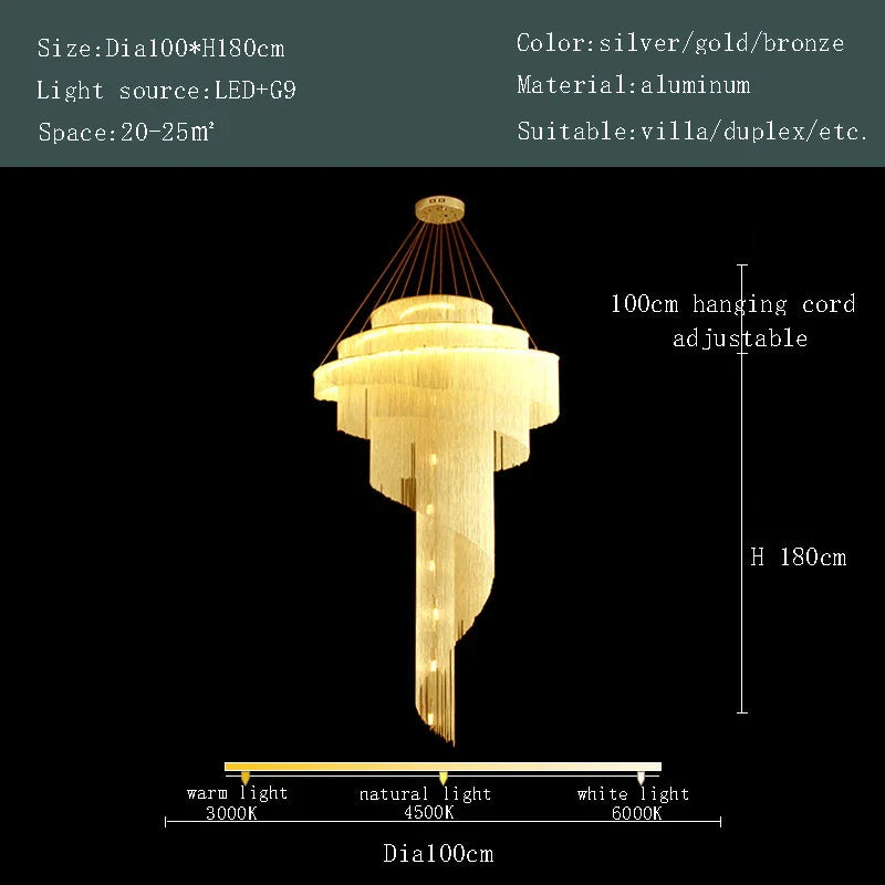 Afralia™ Spiral Staircase Chandelier Tassel Ceiling Light LED Lustres Silver Gold Decor