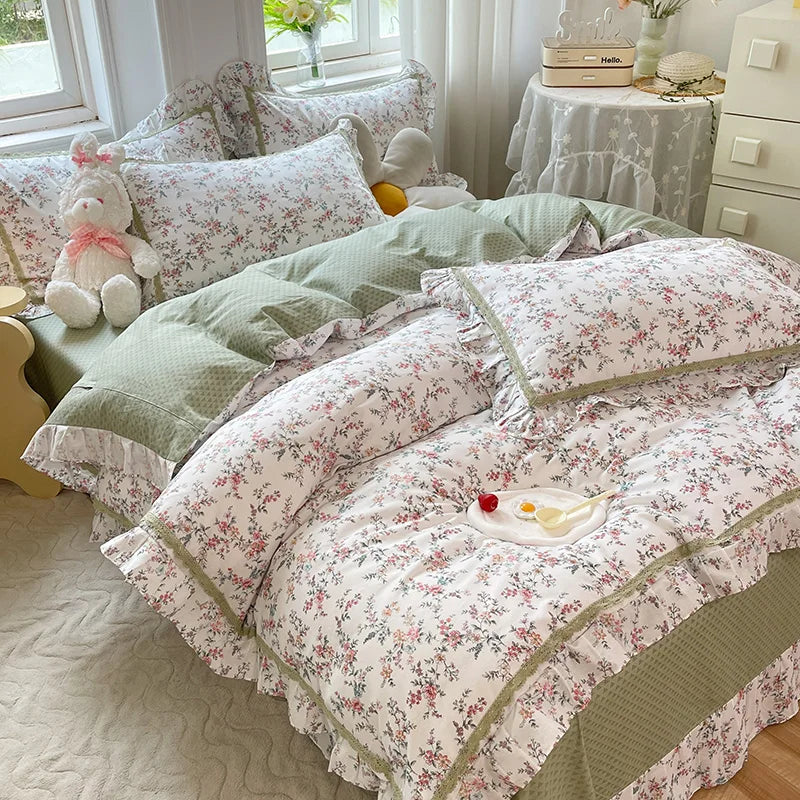 Afralia™ Princess Floral Cotton Bedding Set with Ruffled Edge