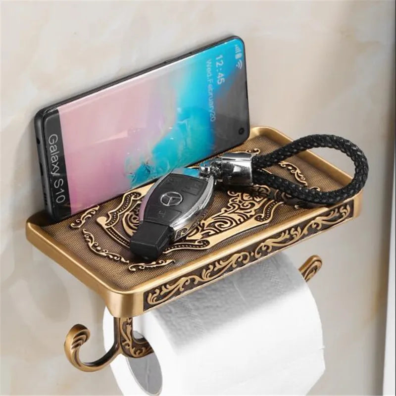 Afralia™ Antique Black Toilet Paper Holder with Phone Shelf