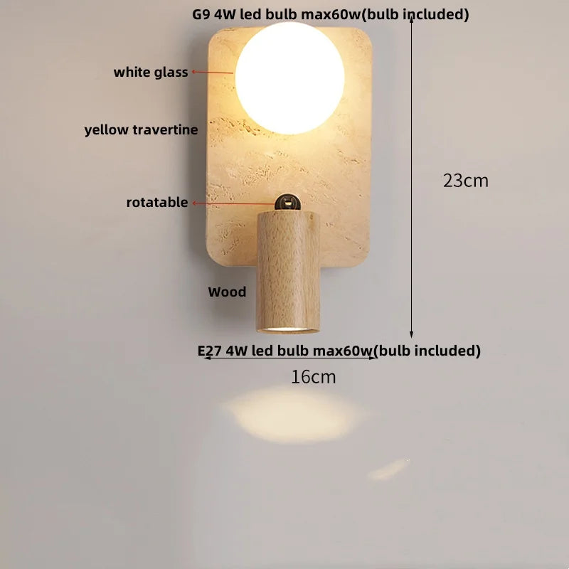 Afralia™ Wabi Sabi LED Wall Light Yellow Travertine Wood Decor Sconce Bedside Lamp