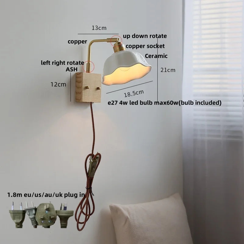 Afralia™ Ash Wood LED Wall Light Fixture with Pull Chain Switch, Modern Nordic Design