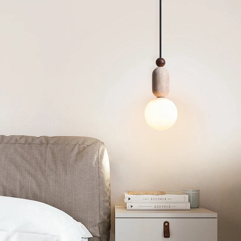 Afralia™ Yellow Travertine Stone Glass LED Pendant Lamp for Children's Room and Living Space