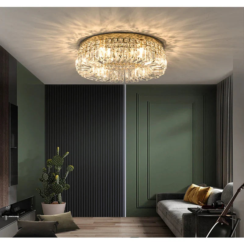 Afralia™ Golden LED Crystal Round Ceiling Lamp