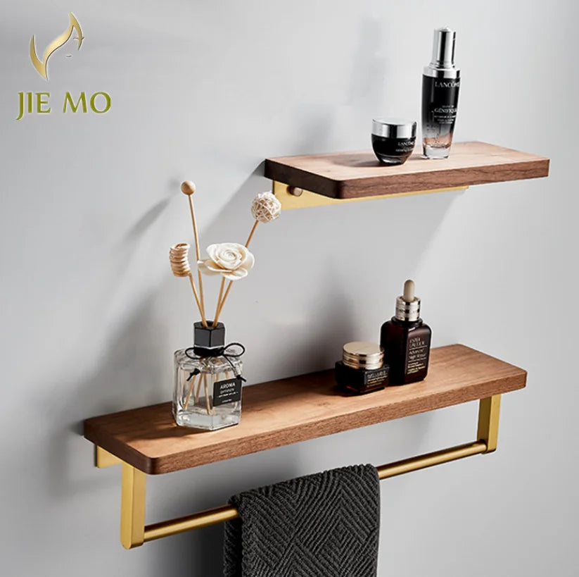 Afralia™ Wood Bathroom Wall Shelf with Towel Bar and Partition Storage Rack