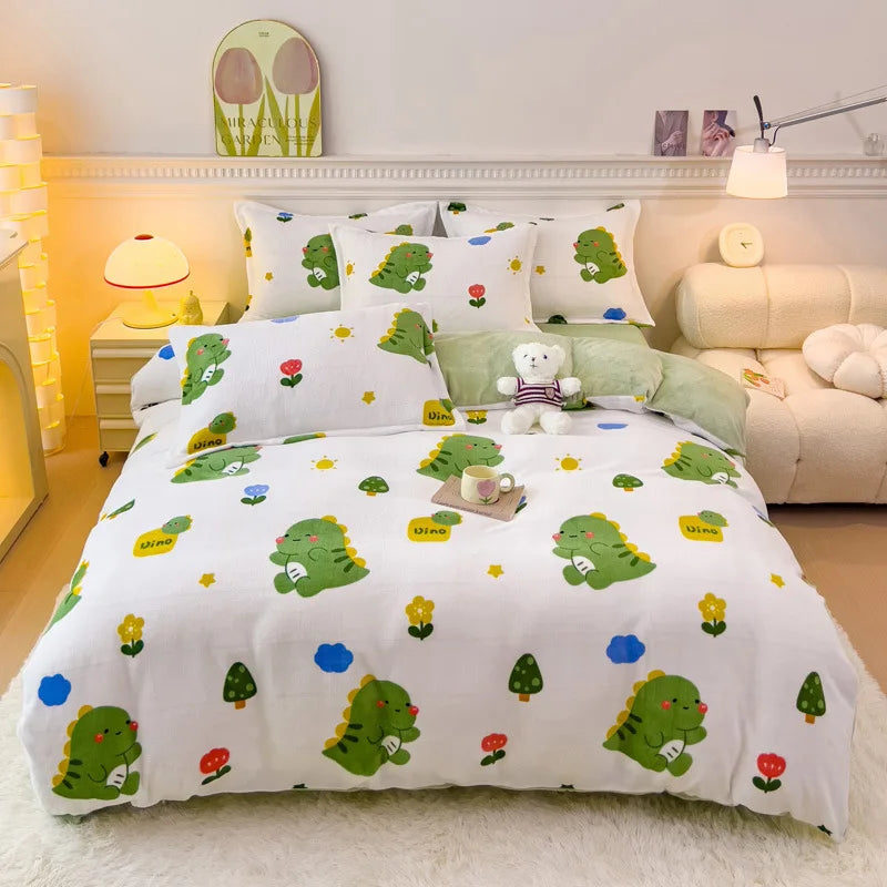 Afralia™ Winter Cartoon Crystal Velvet Bedding Set - Queen Size Warm Duvet Cover