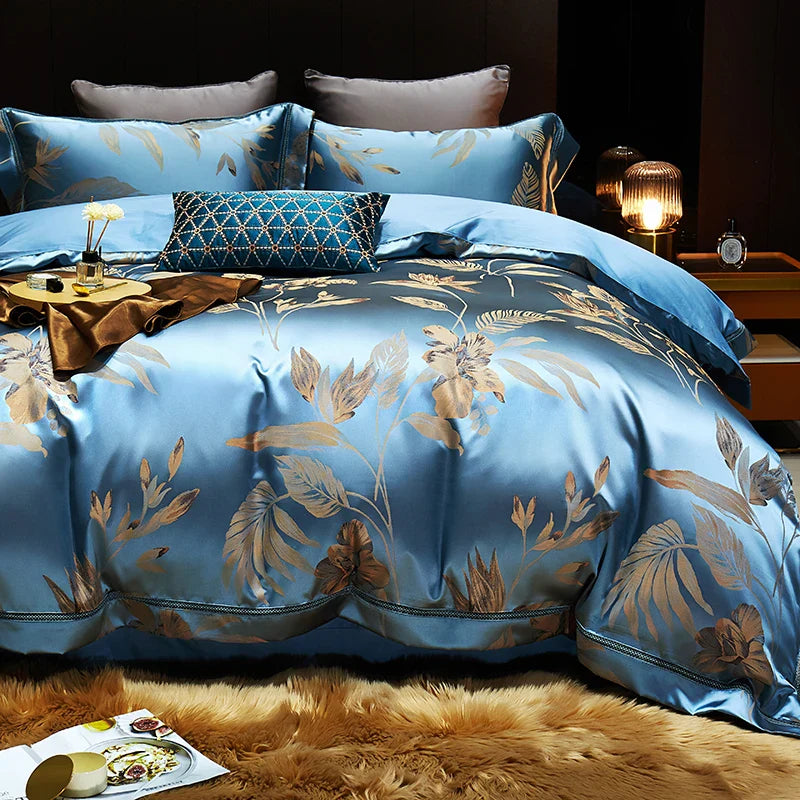 Afralia™ Gold Leaves Jacquard Cotton Bedding Set with Smooth Egyptian Cotton Duvet Cover