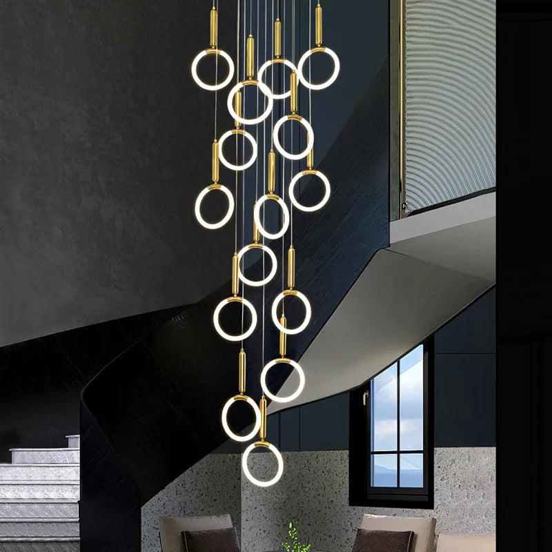 Afralia™ Modern Golden Round Acrylic Chandelier for Duplex Living Room, Kitchen, Staircase.