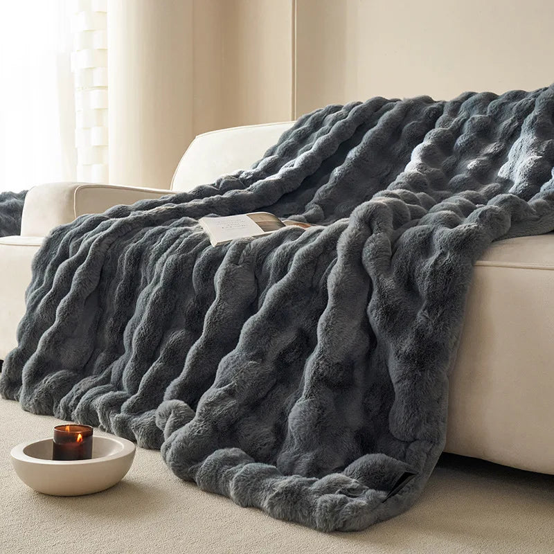 Afralia™ Luxe Faux Rabbit Fur Blanket in Solid Color - Cozy Sofa Cover for Autumn Winter