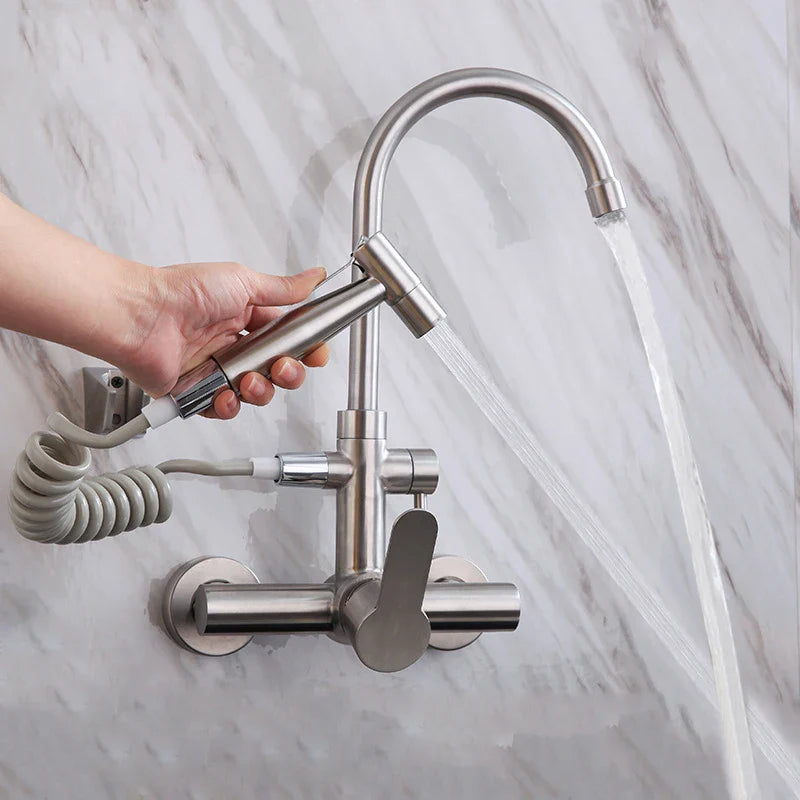 Afralia™ Stainless Steel Kitchen Faucet Wall Mount with Swivel Bidet Sprayer Head.