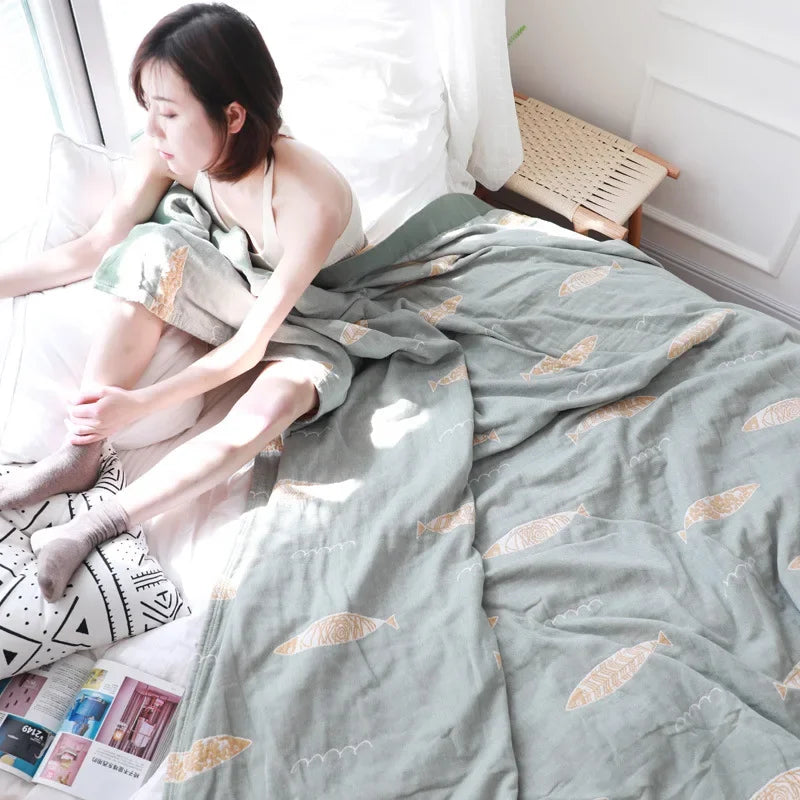 Afralia™ Kawaii Fish Cotton Gauze Blanket