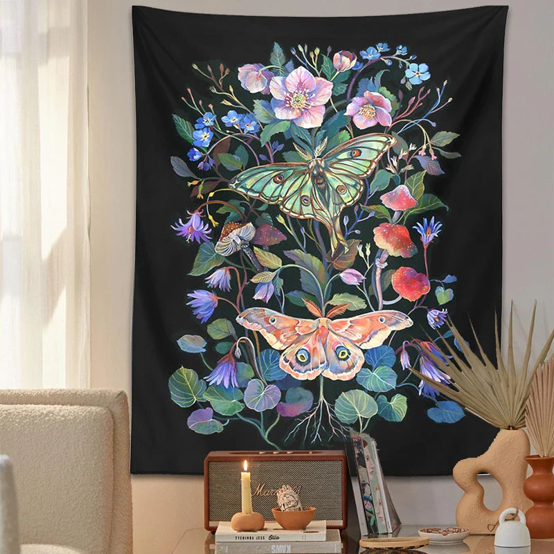 Moon Moth Tapestry Wall Hanging by Afralia™ - Floral Mushroom Witchcraft Wildflowers Dream Decor