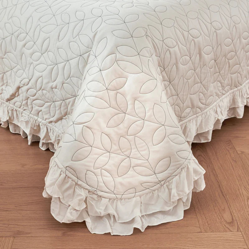 Afralia™ Leaf Embroidery Double Layer Lace Ruffles Quilt Set with Bedspread & Pillowcases