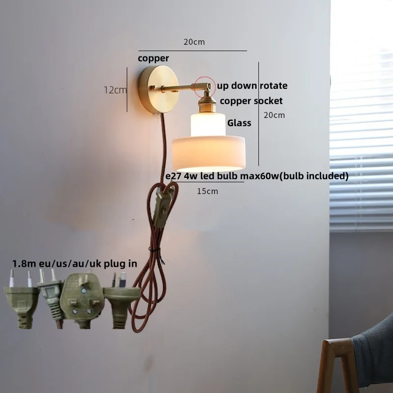 Afralia™ White Glass LED Wall Sconce Pull Chain Switch Stair Light