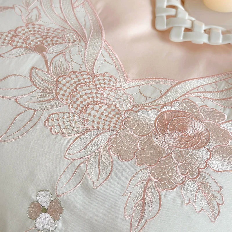 Afralia™ French Romantic Lace Ruffles Flowers Embroidery Bedding Set in Pink & Blue Cotton
