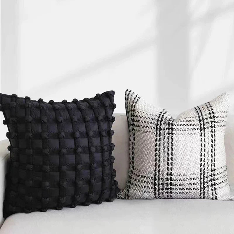 Afralia™ Geometric Plaid Woven Cushion Cover - Black and White Crochet Pillow Case