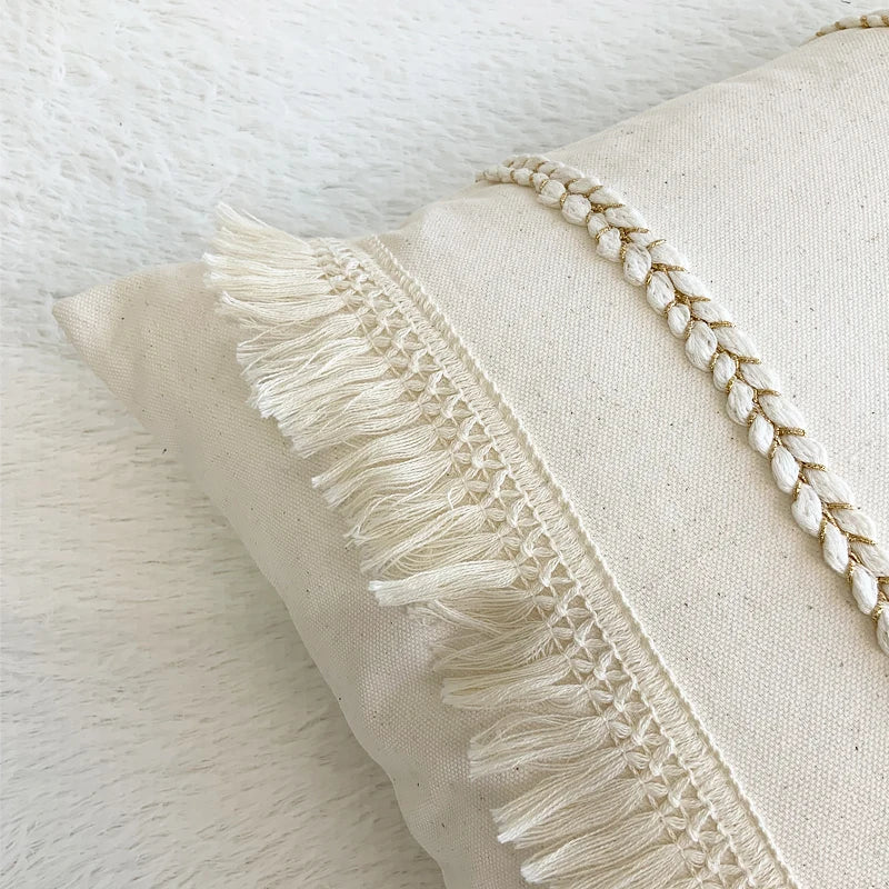 Afralia™ Boho Style Beige Linen Cushion Cover with Tassels for Home Decor