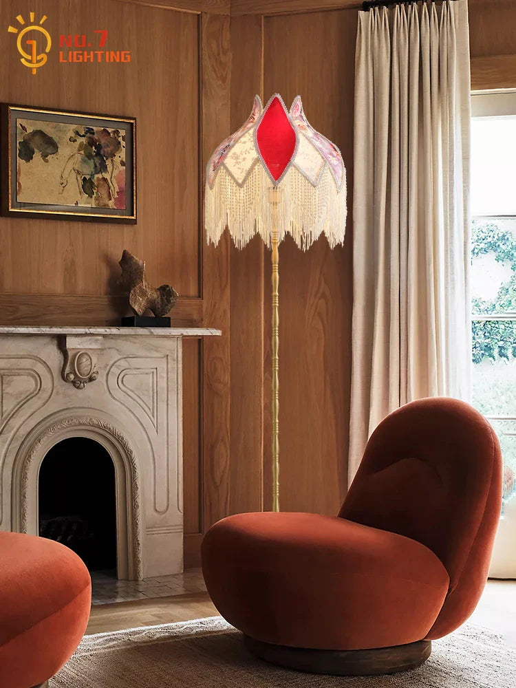 Afralia™ Vintage Copper Tassels Floor Lamp LED E27 Gold Lustre Living Room Bedroom