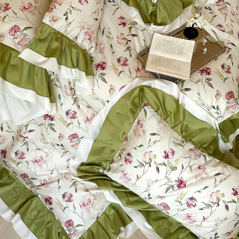Afralia™ Rose Flowers Ruffles Princess Bedding Set 1000TC Egyptian Cotton Duvet Cover Sheets Pillowcases