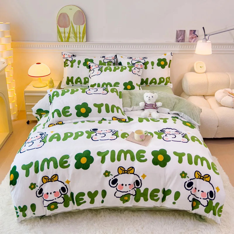Afralia™ Winter Cartoon Crystal Velvet Bedding Set - Queen Size Warm Duvet Cover