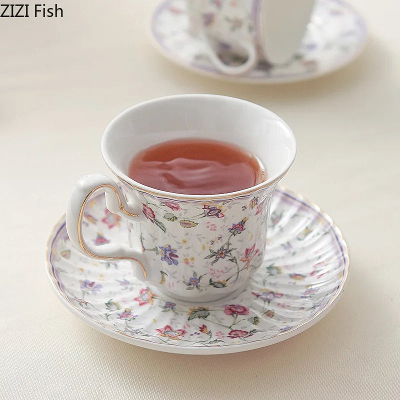 Afralia™ Rural Flowers Ceramic Cup & Saucer Set for Dining Table and Coffee, Classical Design
