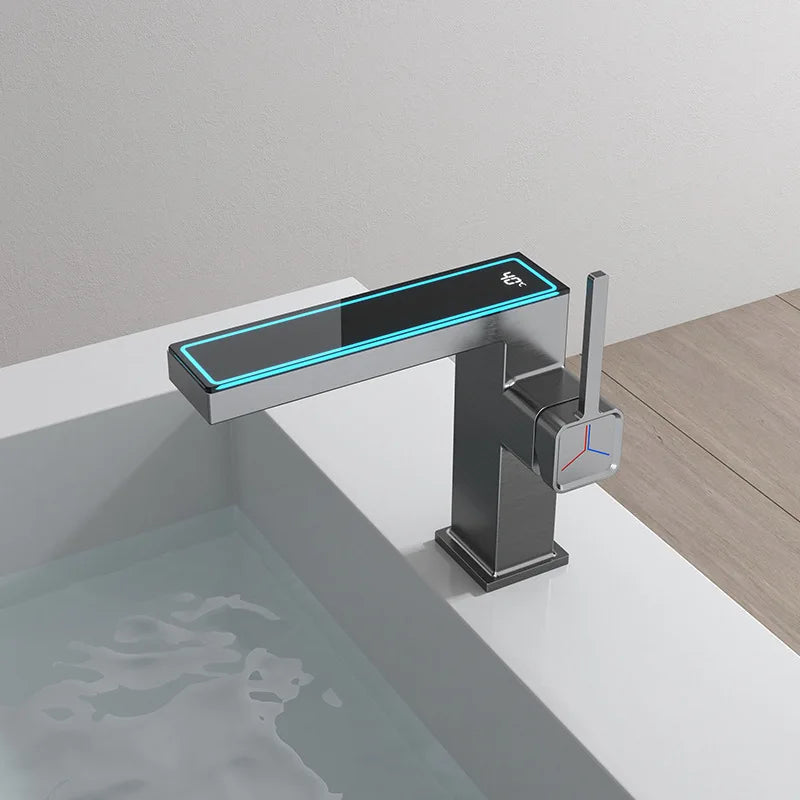 Afralia™ Digital Display Square Sink Mixer with Single Handle in Gray.