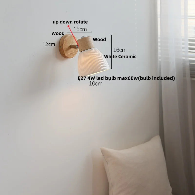 Afralia™ Ceramic LED Wall Lights with Pull Chain Switch, Modern Wood Base Bedside Lamp