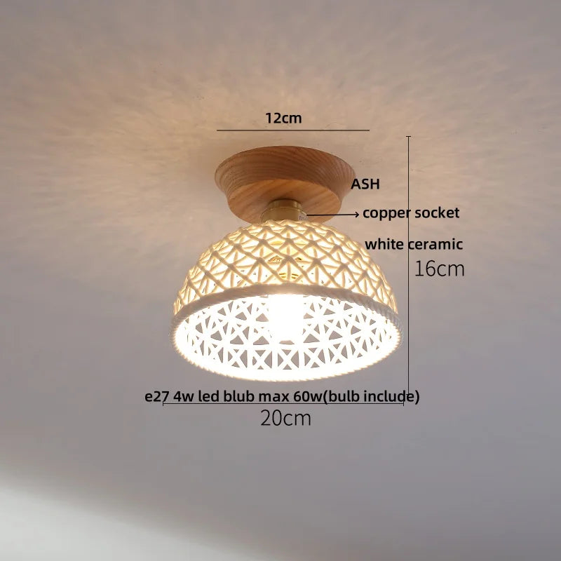 Afralia™ White Ceramic LED Ceiling Lamp Wood Ash Nordic Modern Copper Light