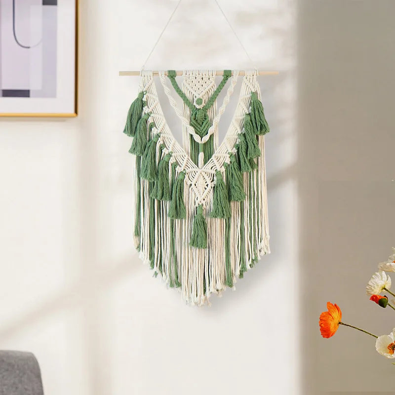 Afralia™ Green Macrame Tassel Stick Wall Hanging for Home Decoration