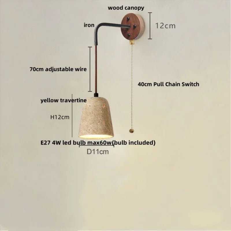 Afralia™ Yellow Travertine LED Wall Sconce Pull Chain Switch, Nordic Modern Wood Mirror Light