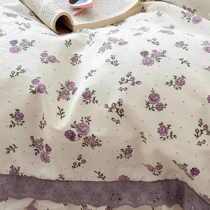 Afralia™ French Floral Print Double Layer Lace Ruffles Bedding Set