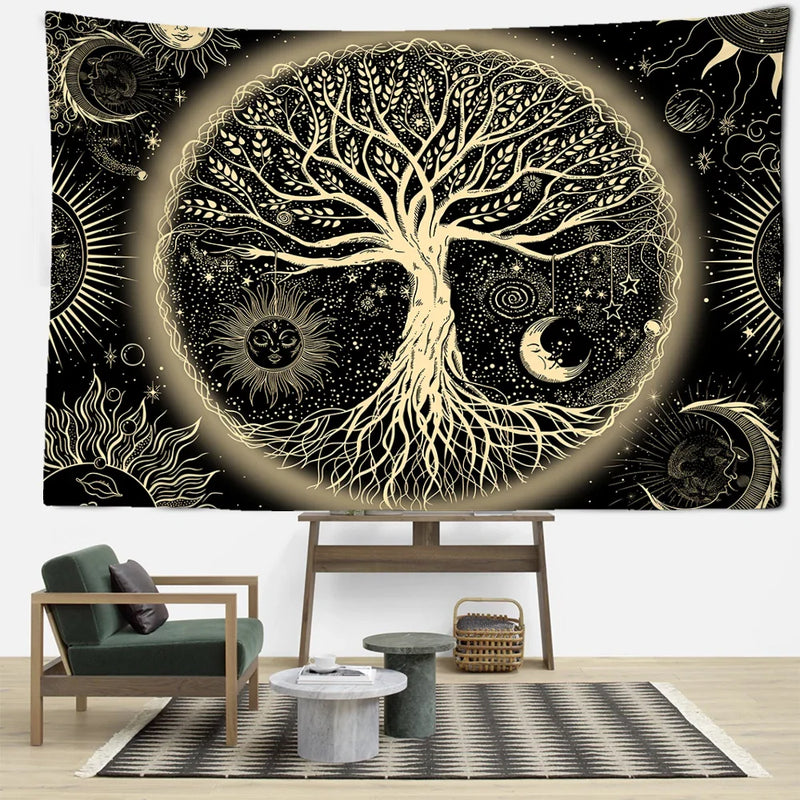 Yellow Sun Moon Life Tree Tapestry Wall Hanging Afralia™ Abstract Bohemian Aesthetics Home Decor
