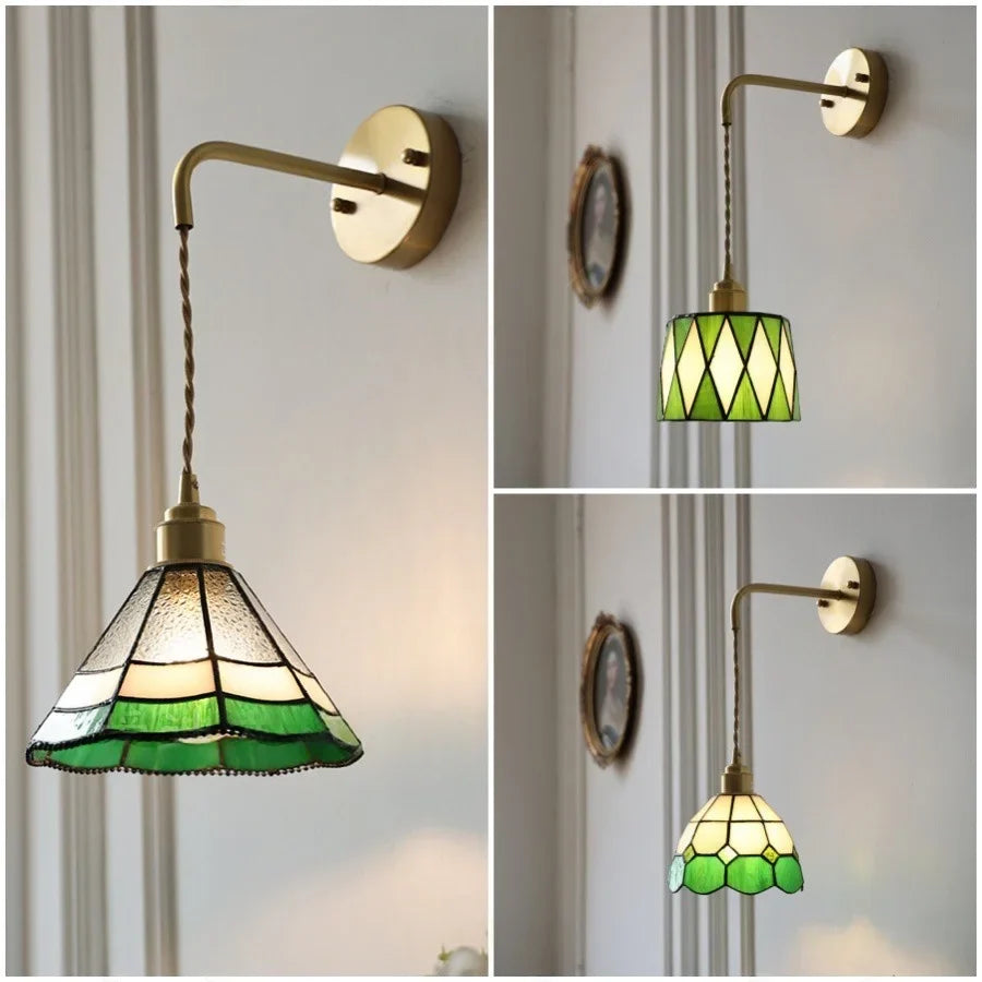 Afralia™ Tiffany Glass LED Wall Sconce | Adjustable Wire Fixture | Modern Pull Chain Switch