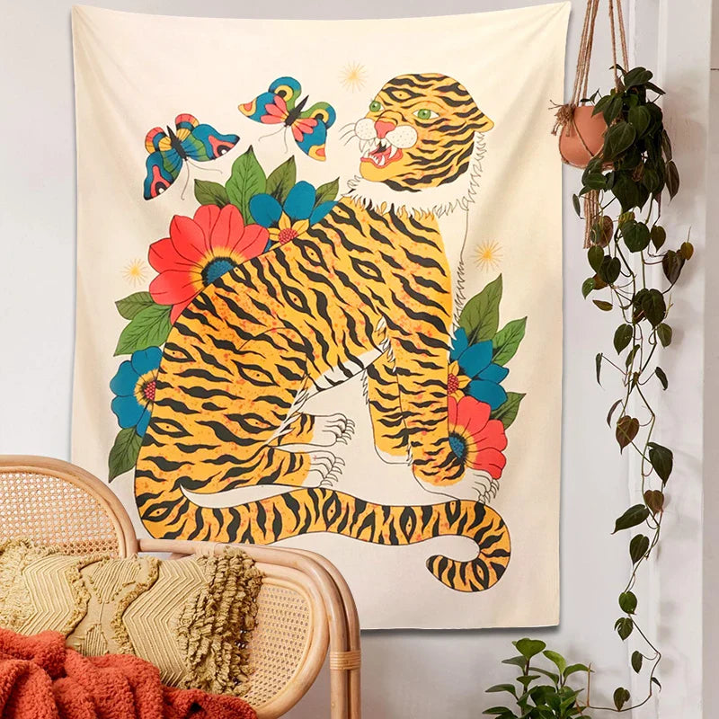 Afralia™ Tiger Tapestry: Hippie Boho Wall Hanging with Floral Butterfly, Psychedelic Animal Art