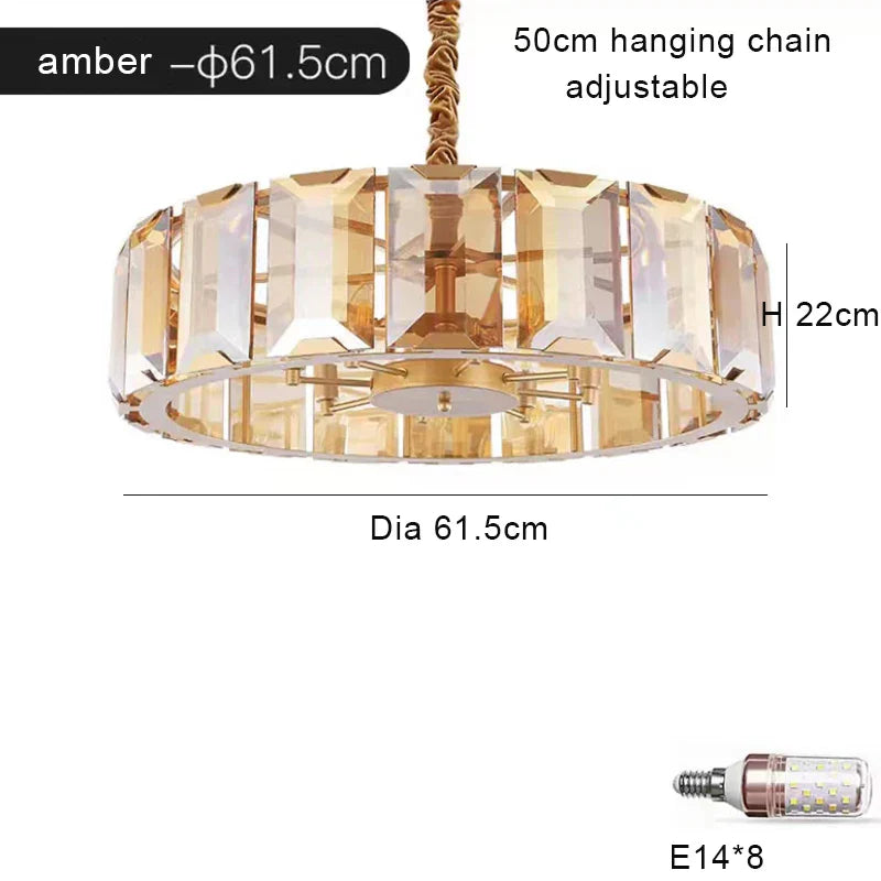 Afralia™ Smoke Grey LED Pendant Light for Living Room - Amber Crystal Lustre Chandelier