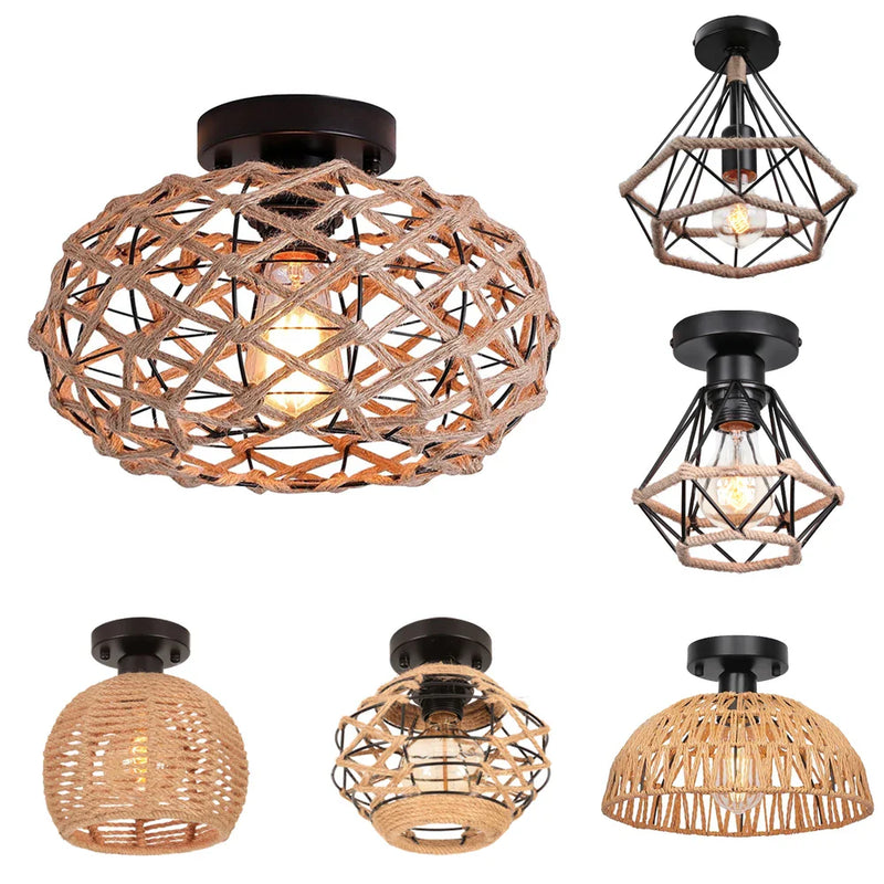 Afralia™ Rattan Ceiling Chandelier Rustic Retro Flush Mount Light Fixtures