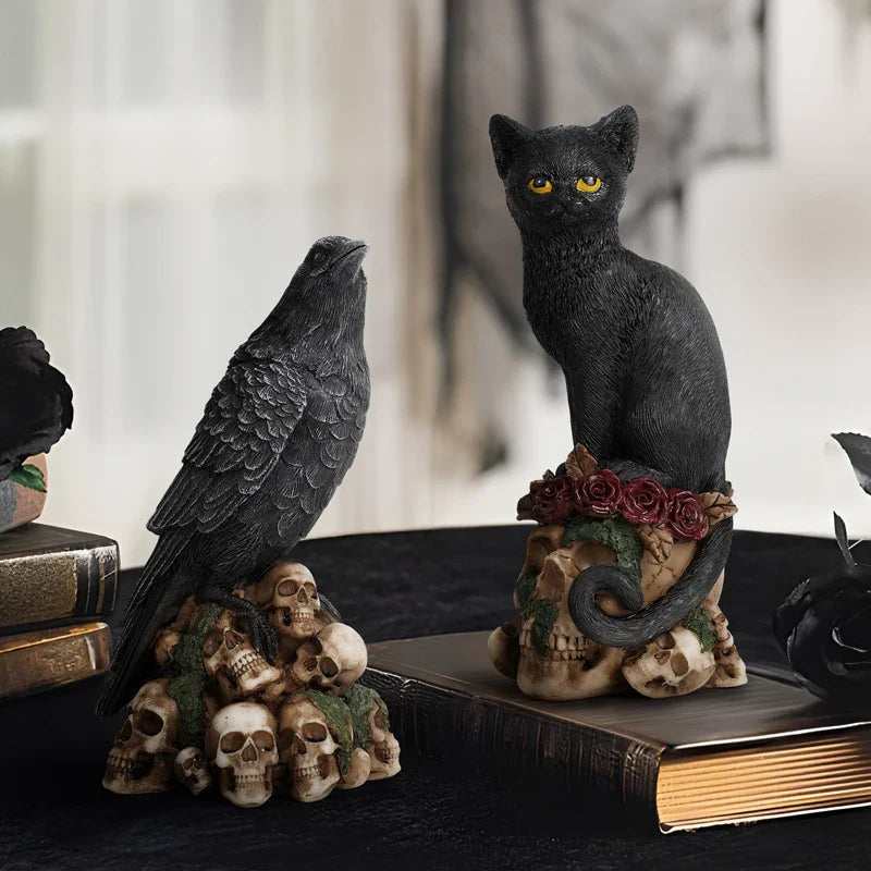 Afralia™ Resin Skull Crow Black Cat Sculpture | Creative Desktop Home Office Decor